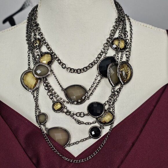 🏆Vintage Gun Metal Retro Faceted Citrine Quartz Multi Strand Statement Necklace - Picture 1 of 5